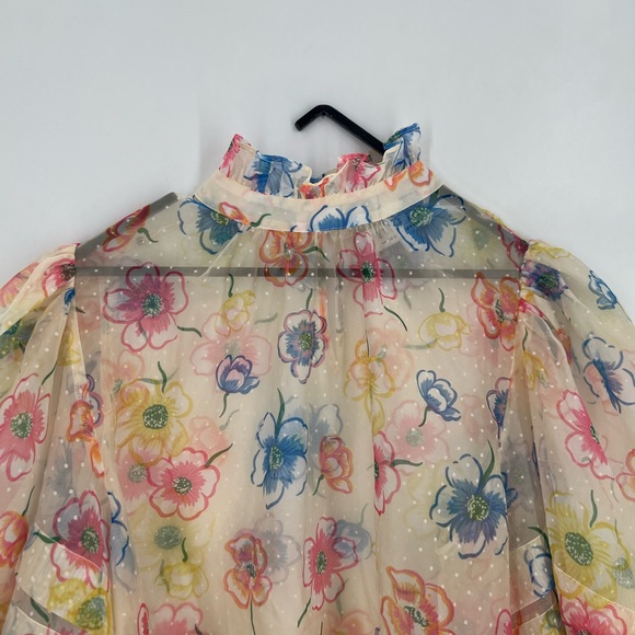 Hunter Bell Organza Tulle Sheer Floral Rare Wide Puff Balloon Sleeve Retro Top - Picture 1 of 8